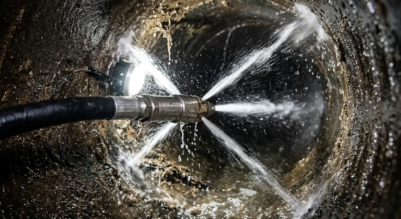 High-pressure hydro jetting nozzle cleaning sewer pipe for Emergency Drain Service in Sheffield Lake