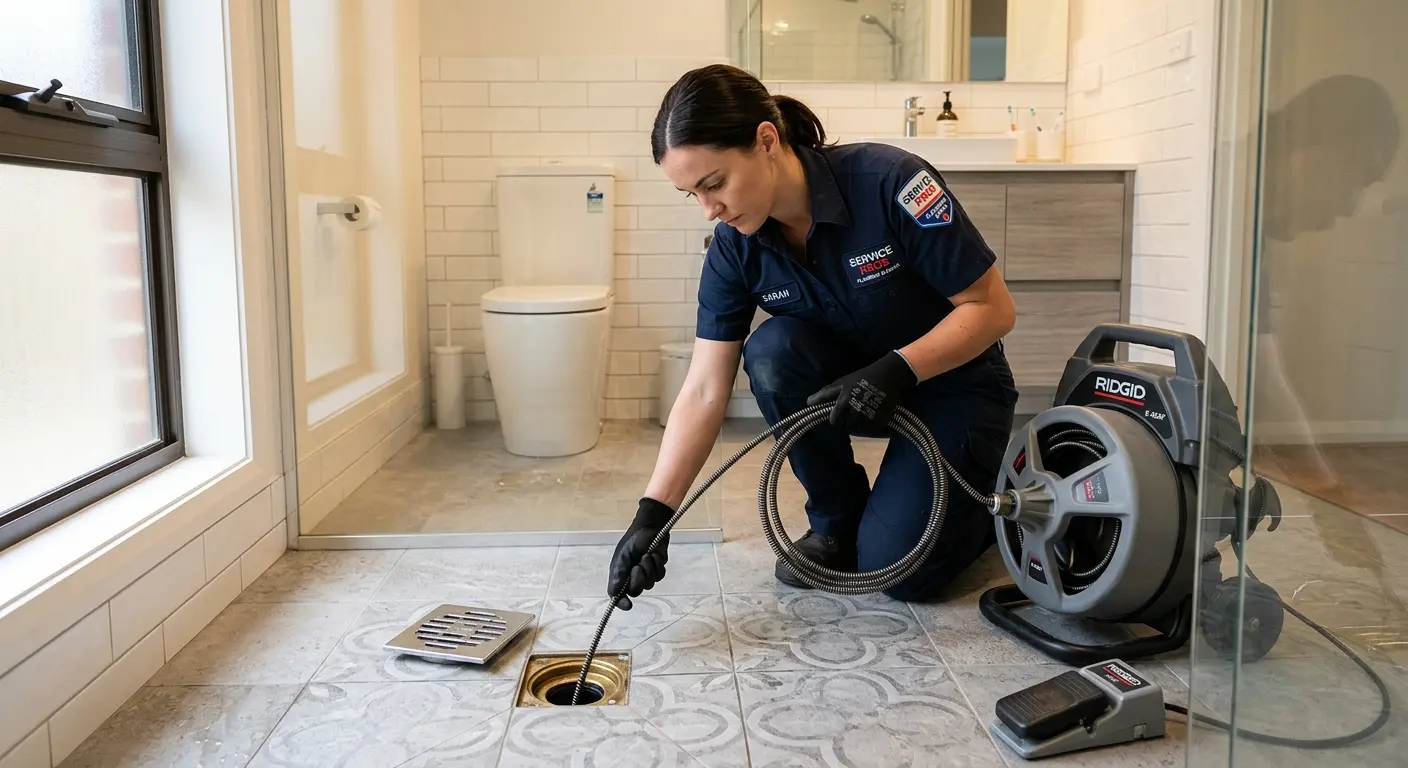 Technician clearing a bathroom floor drain for Drain Cleaning in Sheffield Lake